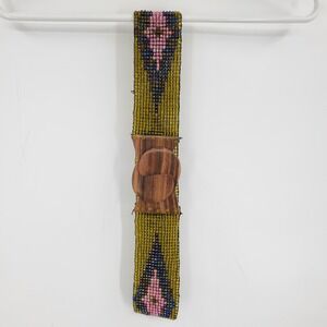 Aztec Beaded Elastic Western Boho Carved Wood Buckle Gold Pink Blue Wide